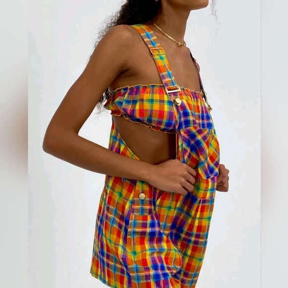 We Wore What Women's XL  Rainbow Overalls Short Romper Colorful Plaid Bold New - Picture 4 of 10